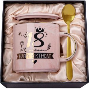 SANSH-18e anniversaire fille, joyeux 18e anniversaire, tasse à café de 35 ml avec impression dorée, cadeaux amusants pour 18 ans fille fille, avec couvercle, carte de v?ux, cuillère dorée, boîte cade - Neuf