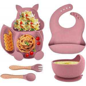 Kal-Assiette Bébé Set Repas Silicone, Lot De 5 Antiderapante Bol À Ventouse Fourche Cuillère Bavoir Sans Bpa Enfant Set Couverts Vaisselle Pour Fille Sevrage Manger Apprentissage, Rose - Neuf