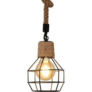 Subzonal-Suspension Luminaire Industrielle, Lustre En Bois Et Corde, Hautaeur R&eacute;glable, Lampe Suspension Vintage Noir Douille E27 Pour Cuisine, Salon, H&ocirc;tel, Bar, Restaurant - Neuf