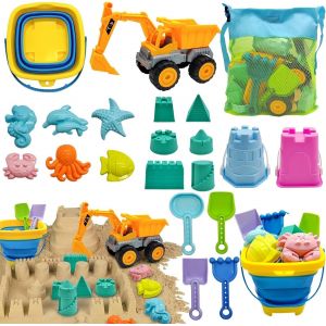 ERYI-Jouets De Plage Pour Enfants 21 Pièces - Jeux De Sable Pour Bébés 1-3 Ans - Set De Voyage Pour 4-8 Ans Avec Seau Pliable, Sac Filet, Pelle, Moules Animaux & Château - Kit De Construction - Neuf