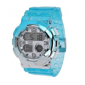 Montre De Sport 30m Étanche Pu Bracelet Cadran Rond Résine Miroir Affichage Clair Montre-Bracelet Numérique Pour Les Activités De Plein Air Bleu Clair - Neuf