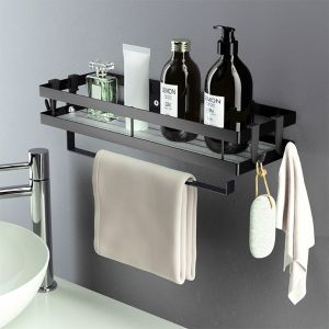 Eryi-Étagère Murale À Épices Avec Porte-Rouleau De Cuisine Et 4 Crochets De 35 Cm - Sans Perçage - Porte-Rouleau De Cuisine - Noir - Pour Cuisine, Salle De Bain, Commode Et Plus Encore - Neuf