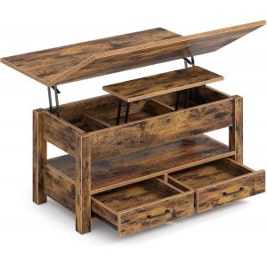 Table Basse Relevable Et Extensible En Bois¿Avec Tiroir,Rangement Caché Et Compartiment Ouvert¿Convertible En Table À Manger¿Idéale Pour Petits Espaces¿Vintage Marron - Neuf