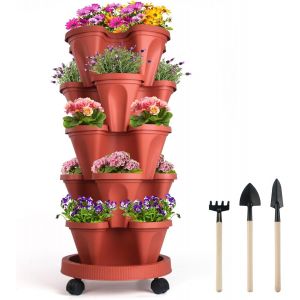 ASFASFq-Jardinière empilable à 5 étages avec roues amovibles et outils de jardinage, tour de plantation de jardin, pots de jardinage, jardinière verticale(Rouge) - Neuf