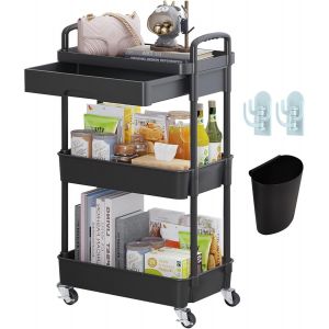 SUBZONAL-3 Niveaux Chariot de Rangement &agrave; roulettes Rangement Livre Desserte &agrave; roulettes Cuisine Etagere Roulette avec Tiroir Cuisine Salle de Bain Plastique Chariot Rangement Roulette - Neuf