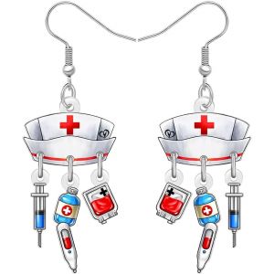 Kal-Boucles D'oreilles Bonnet D'infirmière En Acrylique Thermomètre Seringue Bijoux Pour Infirmières Cadeaux De Fin D'études Pour Femmes Fille Futures Infirmières Praticiennes Médecins - Neuf
