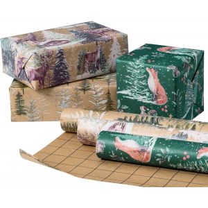 Rouleau De Papier D'emballage Kraft De Noël - Renard, Renne Et Arbre De Noël - 43,2 Cm X 3 M Par Rouleau, Total De 3 Rouleaux - Neuf