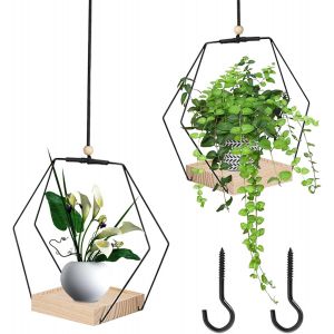 ERYI-2 Pièces Suspension Plante Intérieure, Porte Plante Suspendue, Pots De Fleurs Suspendus Avec Base En Bois Et Crochet, Décoration De Fenêtre De Plafond, Pour Mural Extérieur Intérieur, Noir - Neuf