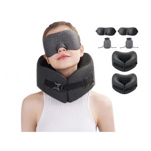 Oreiller De Voyage En Mousse &Agrave; M&eacute;moire De Forme Pour La Nuque, Avec Masque Pour Les Yeux Et Cache-Oreilles - Lot De 2 - Neuf