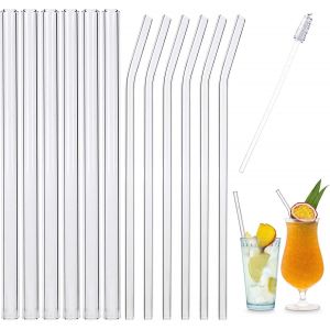 asas-Pailles En Verre Avec Brosses,Paille En Verre Réutilisables,Pailles À Smoothie,12 Pièces Pailles En Verre Transparentes Et 1 Brosses De Nettoyage,Pour Mojito,Milkshake - Neuf