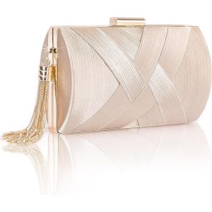 RFCBC-Sac à Main Femme, Pochette de Soirée à Pampilles Métalliques Chic, Élégant Clutches Femme Satin avec Chaîne Amovible pour Ceremonie Mariage Soirées Fete Cocktail Bal,17x10X6.5cm (Champagne) - Neuf