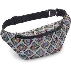 SJZG-Leon Sac Banane 100% Coton, Belly Belt Moon Bag Bumbag Boho Hippie Tribal Pour Homme Et Femme, Gt Losange Color&eacute; Beige Zigzak, Taille Unique, &Agrave; Bandouli&egrave;re - Neuf