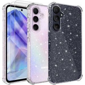 Aefj-3 En 1 Coque Pour Samsung Galaxy A55 5g, Avec 2 Pièces Verre Trempé Protection Écran, Clair Housse À Glitter En Mince Silicone Souple Étui Antichoc Case Transparente Cover - Neuf