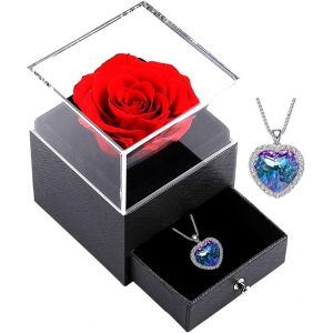 Rose Eternelle Avec Collier, Préservée Fleur Boîte À Bijoux, Bijoux Cadeau Pour Femme Anniversaire/Cadeau De Noël/Cadeau Saint Valentin (Silver-Purple) - Neuf