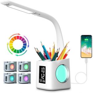 Lampe De Bureau Led Eye-Caring Lampe De Table D'étude Port De Charge Usb Lumière De L'atmosphère Nocturne Avec Porte Stylo/Écran Heure/Calendrier 3 Niveaux Dimmable Lampe De Lecture Pour Enfants 10w - Neuf