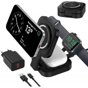 JGD-Chargeur sans Fil 3 en 1 pour appareils Apple, Chargeur Induction, 3 en 1 Station de Charge Rapide pour Magsafe iPhone 17/Air/16/15/14/13/12, Apple Watch, AirPods Pro/2/3/4 (Adaptateur Inclus) (N - Neuf