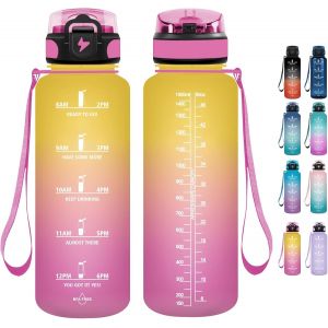 Eryi-Gourde 1.5l, Gourde Motivation Avec Paille, Sans Bpa, Gourde Sport, Bouteille D'eau Avec Marqueur De Temps Pour Le Camping, La Randonnée - Noir Rouge - Neuf