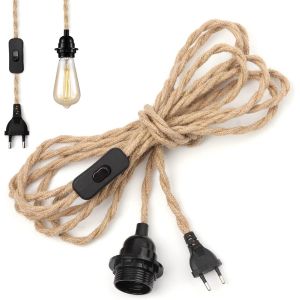 Kalanka-Lustre Corde De Chanvre Câble 4.5m, Douille E27 Interrupteur Avec Fil Cable Ampoule, Pour Diy Lampe Suspension Lumière Pendante Industrielle Lustre Douille Fil Electrique Vintage - Neuf