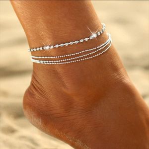 Bracelets De Cheville En Cristal Simples Argent Chaîne De Perles En Couches Bracelets De Cheville Chaîne Bijoux De Pied De Plage Pour Femmes Et Filles - Neuf
