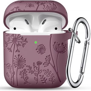 Coque Housses Étui pour AirPods 2 & 1, Fleur Gravé Case Cover en Silicone Souple Protection avec Mousqueton [Témoin LED Visible], Coque AirPods Supporte la Charge sans Fil,FuméeViolette - Neuf