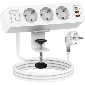 Multiprise de table avec 2 USB et 1 type C, multiprise 3 prises avec interrupteur, multiprise de bureau avec c&acirc;ble de 2 m, pour la maison, le bureau - Blanc - Neuf