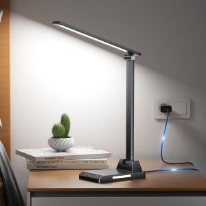 Lampe De Bureau Led, 5 Modes De Couleur 10 Niveaux De Luminosit&eacute;, Lampes Bureau De Protection Des Yeux, Contr&ocirc;le Tactile, Alimentation Usb-C, Lampe De Chevet Avec Fonction Minuterie - Noir - Neuf