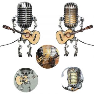 Lampe Robot Usb Style Rétro Avec Microphone Et Guitare, Décoration D'intérieur Vintage (Rouge) - Neuf