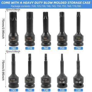 DUON-Lot De 10 Embouts De Visseuse &Agrave; Percussion 1/2"" - T20 - T80 - Pour Cl&eacute;s Dynamom&eacute;triques, Jeux De Forets, Cl&eacute;s &Agrave; Cliquet, Etc (10Pcst20-T80) - Neuf