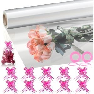 Papier Transparent Emballage Rouleau 80cm*40m Papier Cadeau Transparent Avce Ruban Satin Et N?Ud Cadeau De Rose Cellophane Transparent Pour Fleurs ,Artisanat ,Emballage Cadeau - Neuf