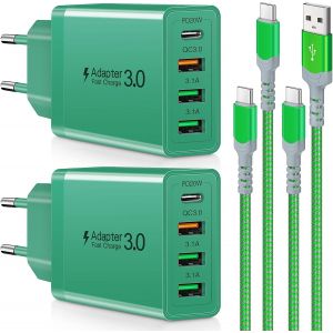 Chargeur Usb Multiple 35W, 4-Port Chargeur Telephone Avec 2 Pack Cable Usb C 2M/6Ft, Adaptateur Secteur Usb C Compatible Avec Galaxy S21/S20/S10/S9/S8, Note 10/9/8, Lg, Huawei, Xiaomi, Moto(Vert) - Neuf