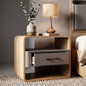 Table de chevet HWC-P43, commode de chevet, tiroir en MDF 40 x 48 x 44 cmaspect ch&ecirc;ne Rivera, gris fonc&eacute; - Neuf