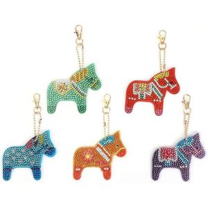 Lot de 5 porte-clés avec la peinture diamant 5D pour le faire vous-même, un motif cheval, strass, double-face, pour la décoration de sac - Neuf