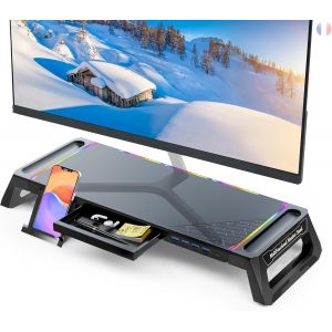 Support de Moniteur d'ordinateur de Bureau avec 4 Hub USB 3.0 et Lumière RVB, Rehausseur d'écran Pliable avec Tiroir de Rangement, Support de Téléphone et Porte-Plume pour PC/Laptop/iMac-Noir - Neuf