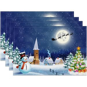 Sjzg-Lot De 4 Sets De Table Dessin Anim&eacute;, Motif Hiver, 45x30cm, Bonhomme De Neige, Sapin De No&euml;l, Tra&icirc;neaux, Maison En Pin, Pour D&eacute;coration De Table De F&ecirc;te, Imperm&eacute;ables - Neuf