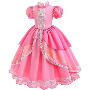 Princesse Peach D&eacute;guisement Avec Couronne Fille Dress Up Princesse P&ecirc;che Rose Robe De Soir&eacute;e Cosplay Halloween Costume Anniversaire F&ecirc;te No&euml;l Carnaval Fancy Robe Pour Enfant Taille 3-10 Ans - Neuf