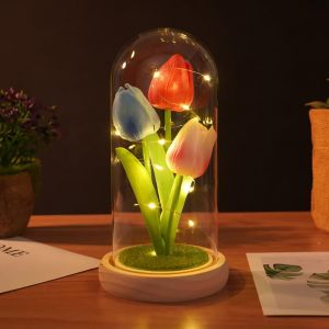 Fleur de Tulipe en verre Cadeau pour la Saint-Valentin Fleurs Artificielles D&eacute;coratives &eacute;l&eacute;gantes Tulip Eternelle sous Cloche avec LED D&eacute;cor d'int&eacute;rieur Veilleuses pour Femme Maman M&egrave;re - Neuf