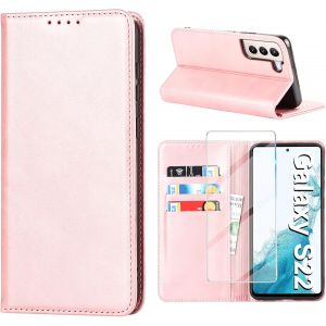 KALANKA-&Eacute;tui de protection &agrave; rabat pour Samsung Galaxy S22 5G - Avec film de protection en verre blind&eacute; - &Eacute;tui de protection S22 en cuir - Avec compartiment pour cartes - Fonction support - Anti-choc - Neuf