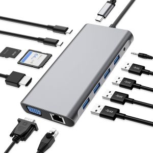 Station d'accueil 12 en 1 avec HDMI 4K, VGA, 3*USB 2.0, USB3.0, USB C Data, PD3.0, Port Ethernet RJ45, SD/TF, 3.5mm AUX, Compatible avec MacBook Pro/Air, Plus de P&eacute;riph&eacute;riques Type C - Neuf