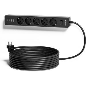 Multiprise 3M avec USB C, Multiprise Noire avec 5 Prises et 2 Ports USB, Livr&eacute; avec Support Mural, Murale Montage, avec Interrupteur, Protection pour Les Enfants, Noire - Neuf