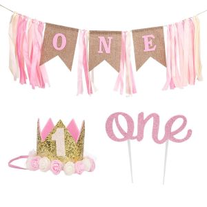 Checarzhn--No1-Décoration Premier Anniversaire Pour Fille, Bannière Cha Haute Topper De Gâteau Pailleté & Set Chapeaux De Fête Motif Fleuri Rose Accessoires Fête Pour 1 An Arrière-Plan Photo - Neuf