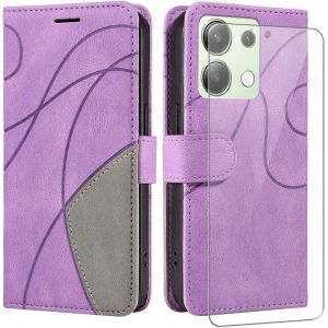 Trahoo-Coque Pour Xiaomi Redmi Note 13 4g¿Pas Pour La 5g¿, Modèle Pu Cuir À Rabat Flip Housse Étui Avec Un Verre Trempé Film Protection Écran Pour Xiaomi Redmi Note 13 4g - Violet - Neuf