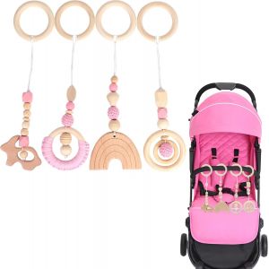Subzonal-Jouet Arche Eveil Bebe, Pendentif Bois Pour Siège Auto Poussette Jouet, Rose - 4 Pièces - Neuf