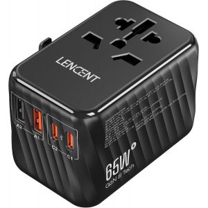 JGD-65W GaN III Adaptateur prise &eacute;lectrique avec 2 PD3,0 USB C+2 QC USB A Prise voyage universelle T&eacute;l&eacute;phone PC Charge Rapide international vers UK USA AUS Canada Italie Chine Japon Tha&iuml;lande Noir - Neuf