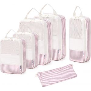 6 Pi&egrave;ces Organisateur Val , Sac Compression Voyage, Compression Packing Cubes, Organisateur Val Compressible, Cube De Rangement, Organ Urs De Bagage (Rayure Rose Poussi&eacute;reux) - Neuf