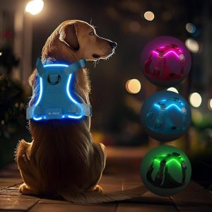 Jgd-Harnais Lumineux Pour Chiens De Grande Taille - Led Rechargeable Et R&eacute;glable - Harnais De Poitrine R&eacute;fl&eacute;chissant - 3 Modes D'&eacute;clairage - Harnais Lumineux Haute Visibilit&eacute; (Bleu, Taille Xl) - Neuf