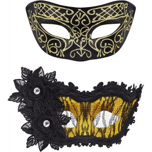 Couple Masquerade Masks Set Venetian Party Mask Plastic Halloween Costume Mask Mardi Gras Mask for Women and Men - Neuf