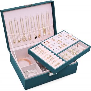 Jexnovashop-Bo&icirc;te &Agrave; Bijoux Femme Verrouillable Organisateur De Bijoux 2 Couches Grande Capacit&eacute; Boite De Rangement Avec Plateau Amovible Pour Bagues, Boucles D'oreilles, Colliers, Bracelets, Verte - Neuf