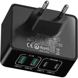 SOUI-Chargeur Usb C,4-Port Slim Cargador Tipo C Carga Rapida Qc & Pd3.0 Cargador Usb Multiport Power Adaptador Corriente Usb C Enchufes For Iphone 15 14 13 Pro Max,Samsung S24/S23 Tablet (Noir) - Neuf