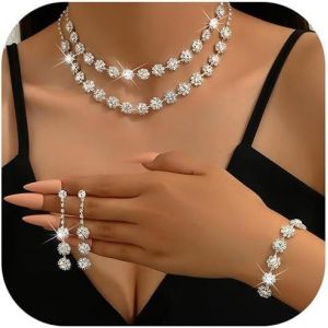 Lot De 3 Bijoux En Argent Pour Femme, Collier, Boucles D'oreilles, Bracelet, Parure En Argent Avec Strass, Collier Et Bracelet, Bijoux En Perles Pour Mariage - Neuf
