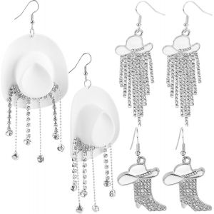 Chenquansarl-3 Paires Boucles D'oreilles Western Cowboy Cowgirl, Chapeau &Eacute;mail Bottes Pompon Strass Scintillant Boucles D'oreilles Pendantes Country Bal Rod&eacute;o Bijoux Pour Tenues Femmes - Neuf